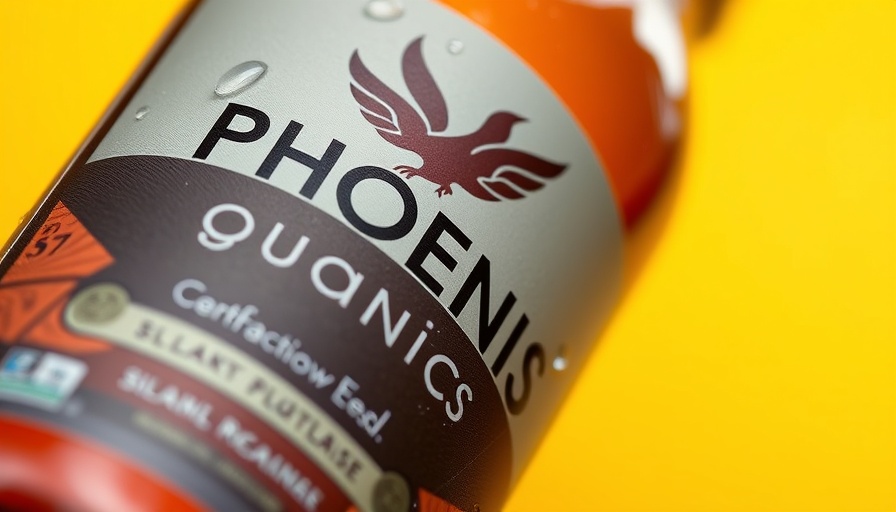 Phoenix Organics bottle label displaying branding services.