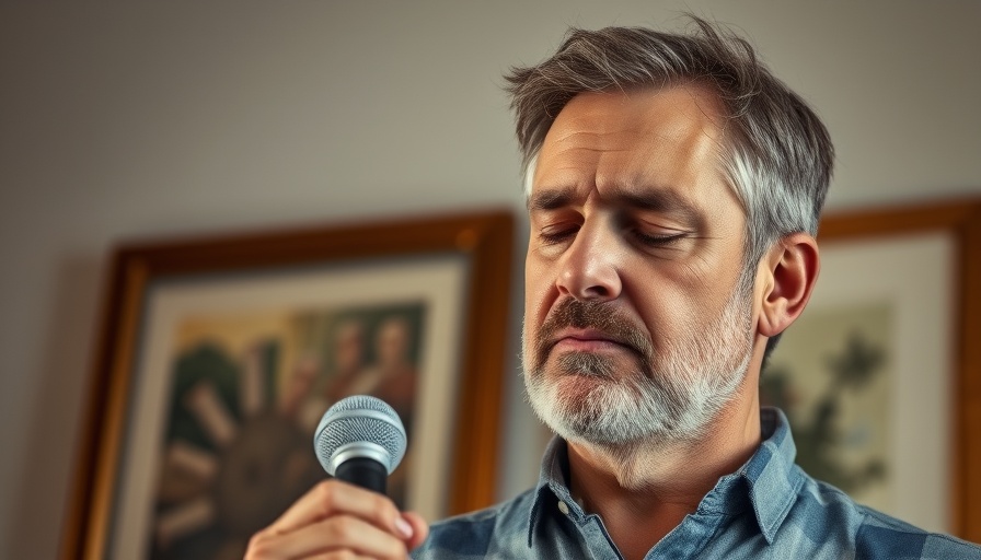 Thoughtful man with microphone symbolizing feeling of not measuring up.