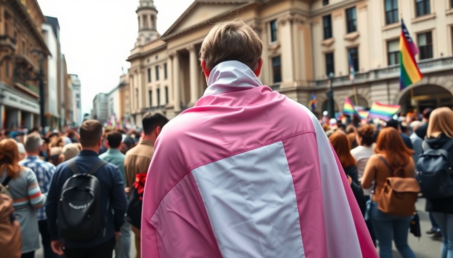 Person in transgender flag at rally, transgender gun purchase restrictions protest.