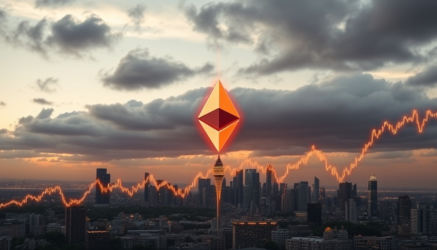 Ethereum symbol and market chart rising over city skyline, glowing.