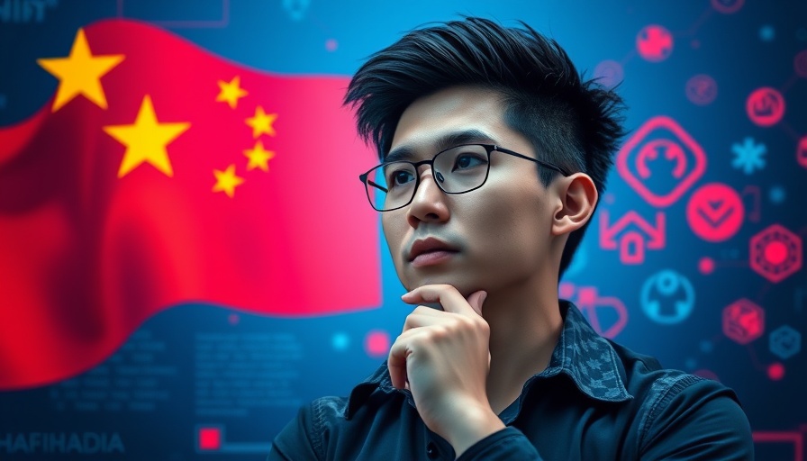 Confident young man with digital symbols in tech theme.