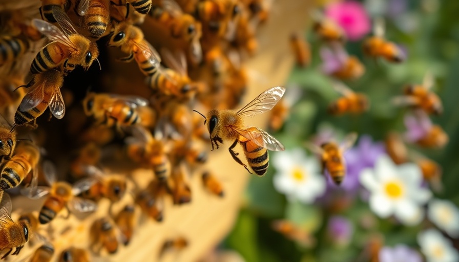 Honeybees flying near hive in a garden, illustrating mindfulness.