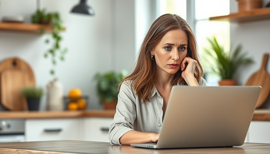 Concerned woman researching autoimmune diseases prevalence on a laptop in a kitchen.