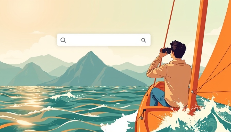 Illustration of destination content strategy with person searching on boat.