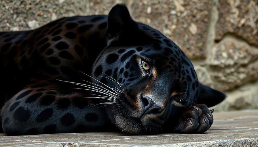 Black jaguar resting mindfully on stone, deep gaze.