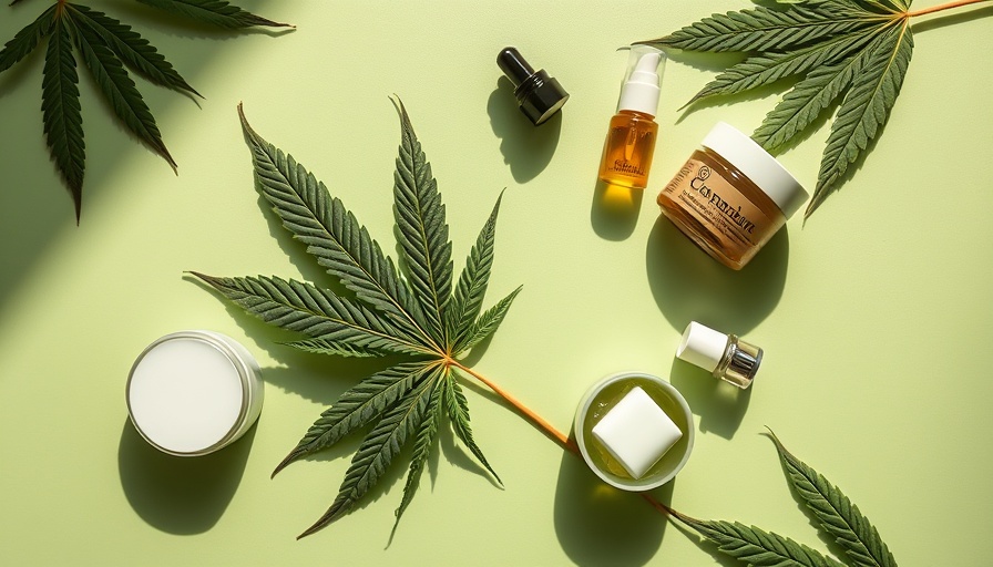 THC products, cannabis leaf and skincare items on light background.