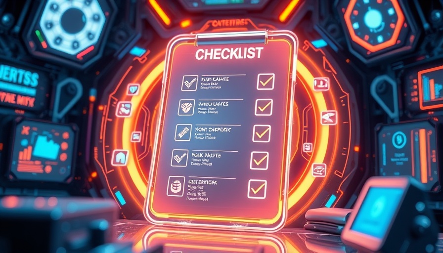 Futuristic checklist with digital icons for SEO checklist for 2025.