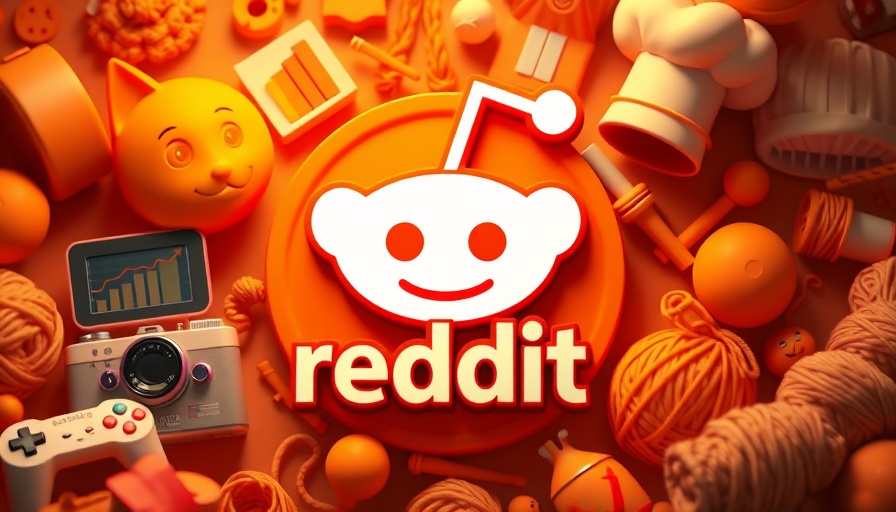Playful cartoon-style Reddit logo with orange objects.