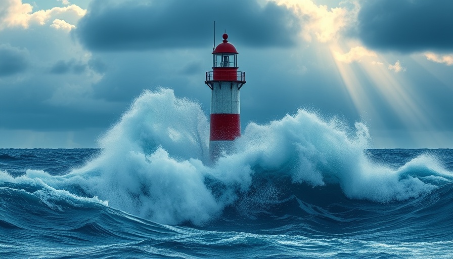 Dramatic ocean waves crashing on a lighthouse, symbolizing mindfulness and resilience.