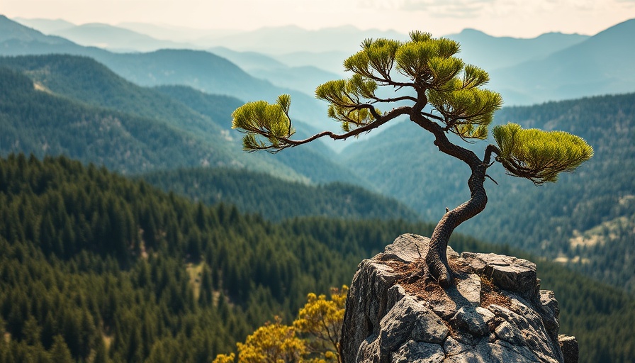 Serene bent pine tree symbol of mindfulness