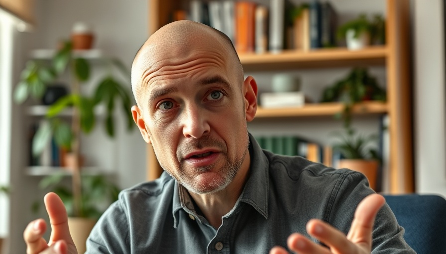 Bald man in a home office discussing AI Search Visibility Tools.