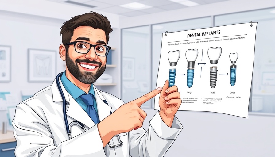 Dentist explaining dental implants procedure with a diagram.