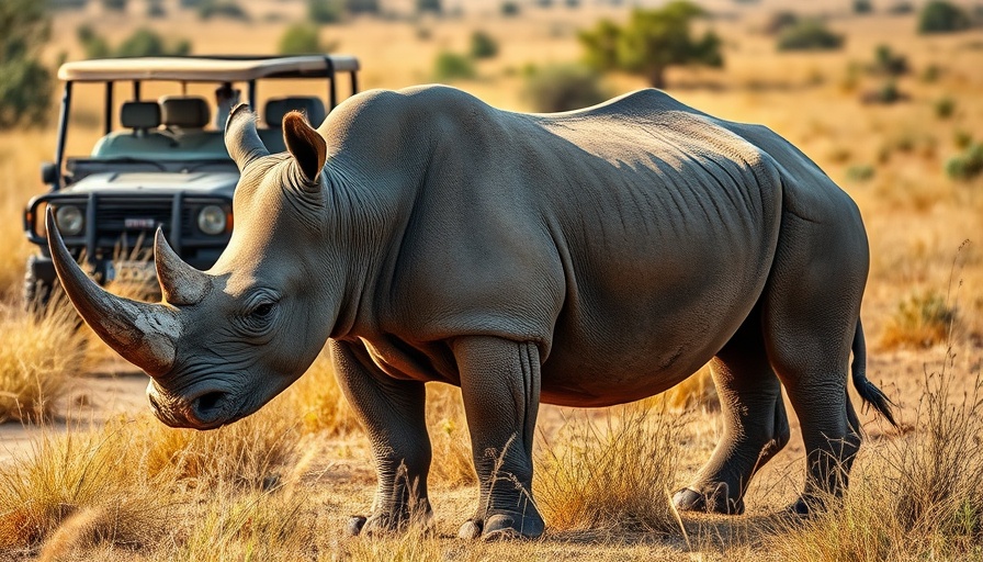 Rhinoceros near a safari vehicle in South African savanna, South Africa travel destinations.