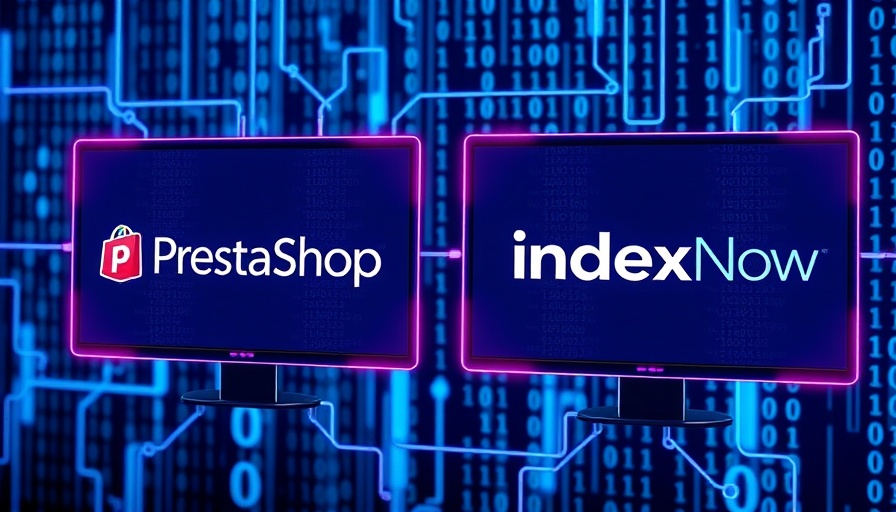 PrestaShop IndexNow integration concept with digital screens.