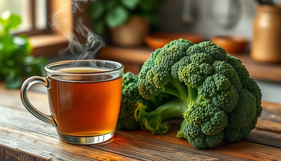Steaming herbal tea with broccoli for plant-based foods for heart health.