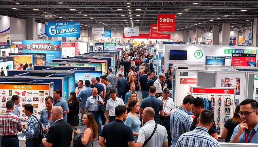 Trade show exhibiting products, a scene illustrating market trends.