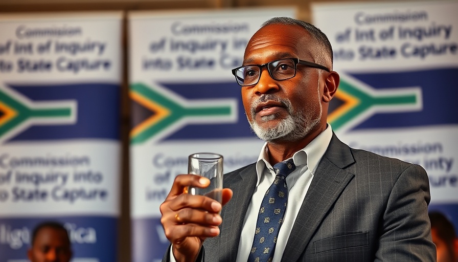 Senior man at State Capture inquiry with South Africa flags, emphasizing leadership conflict.