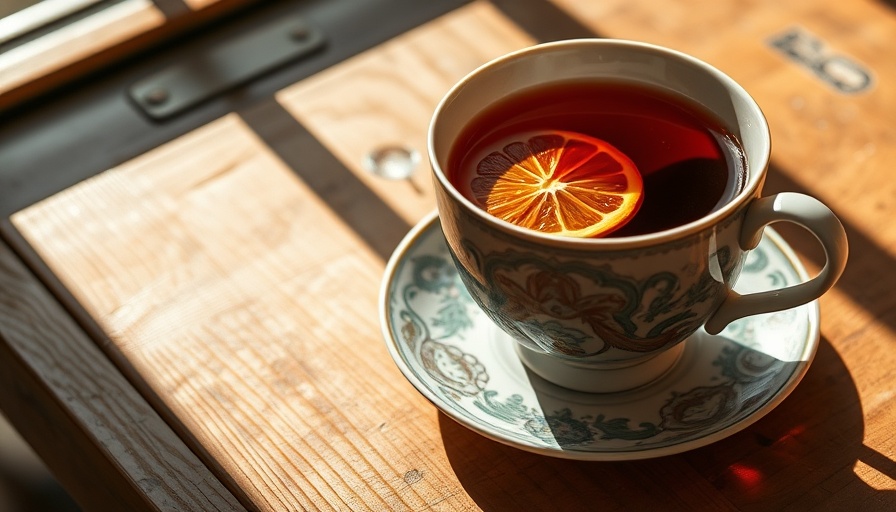 Traditional red rooibos tea with lemon slice in a ceramic cup on a wooden table, South Africa.