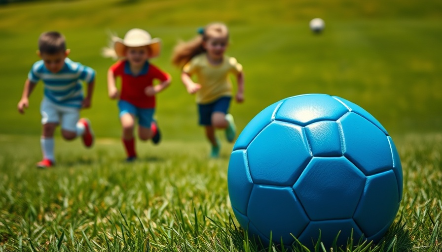 Close-up of a blue soccer ball on grass with kids running, changing culture of youth sports.