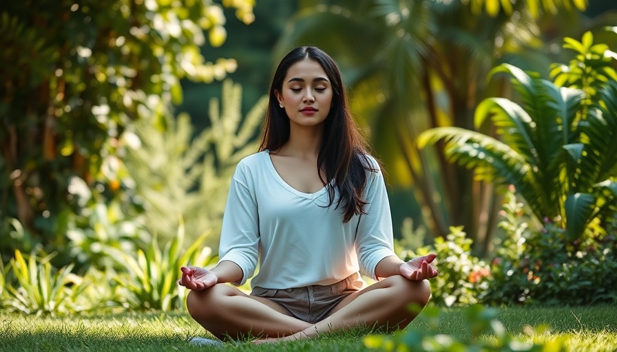 Peaceful woman meditating outdoors for mindfulness and anxiety management.