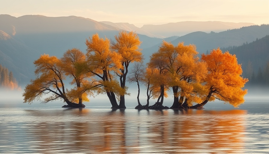 Serene landscape of trees in water, promoting mindfulness and mental health.