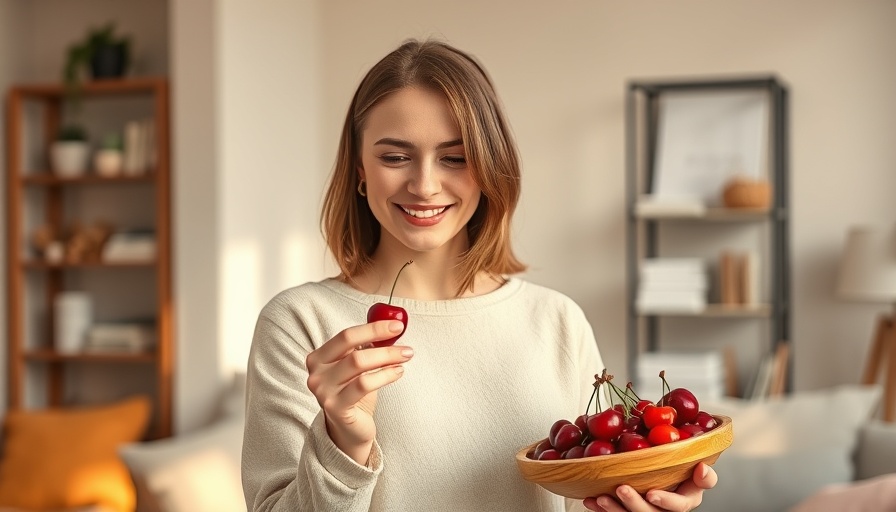 Woman enjoying cherries in a cozy room, highlighting benefits of eating cherries.