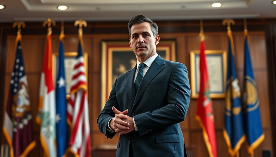 Professional individual in formal attire in front of official flags.