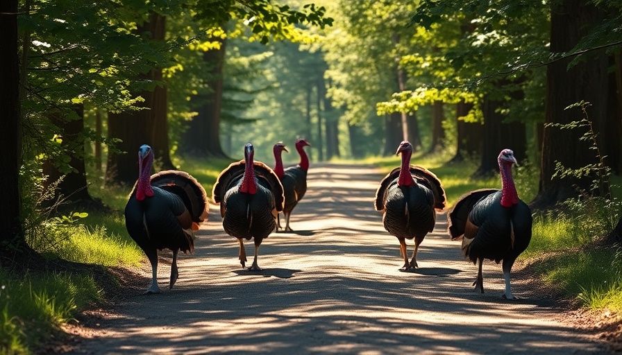 Wild turkeys on a forest path embodying peace.
