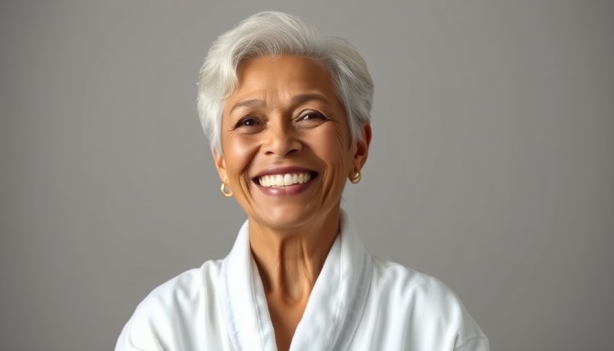 Mature woman smiling naturally, showcasing glowing skin.