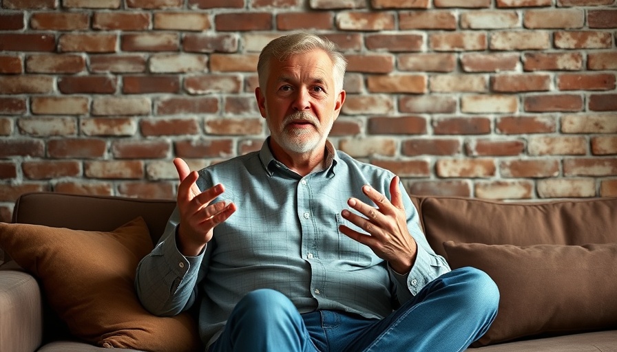 Middle-aged man discussing illness answers, casual setting.