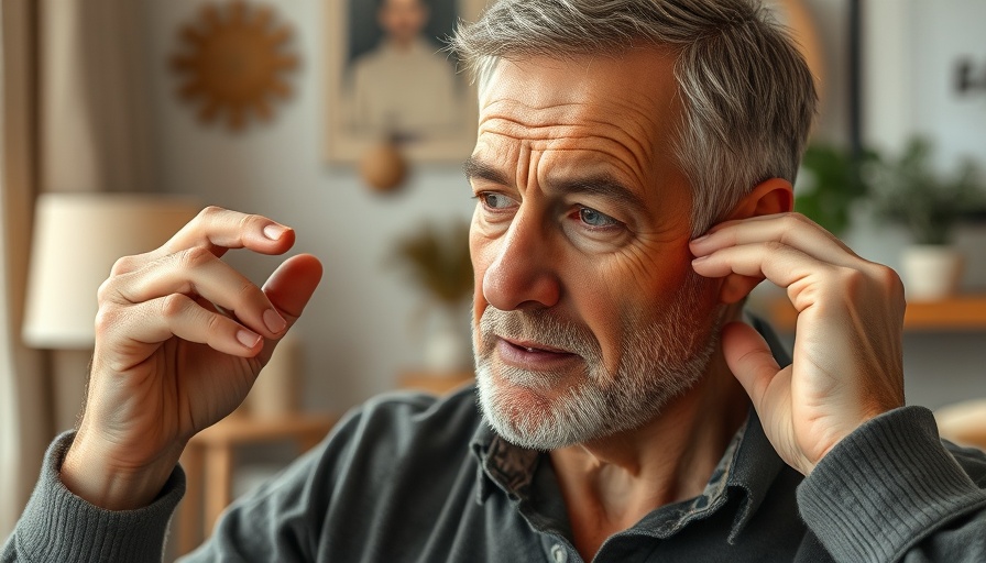 Man practicing stress relief techniques with ear massage indoors.