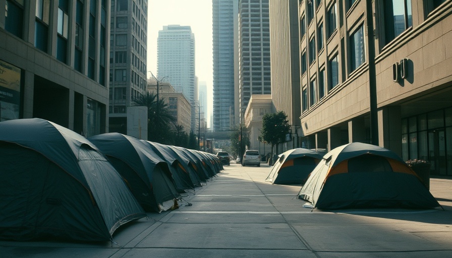 Urban street scene depicting homelessness in Los Angeles, including tents and shelters.