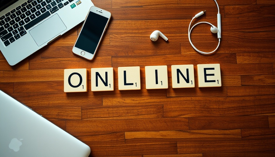 Scrabble tiles spelling ONLINE surrounded by tech gadgets for Online Review Services.