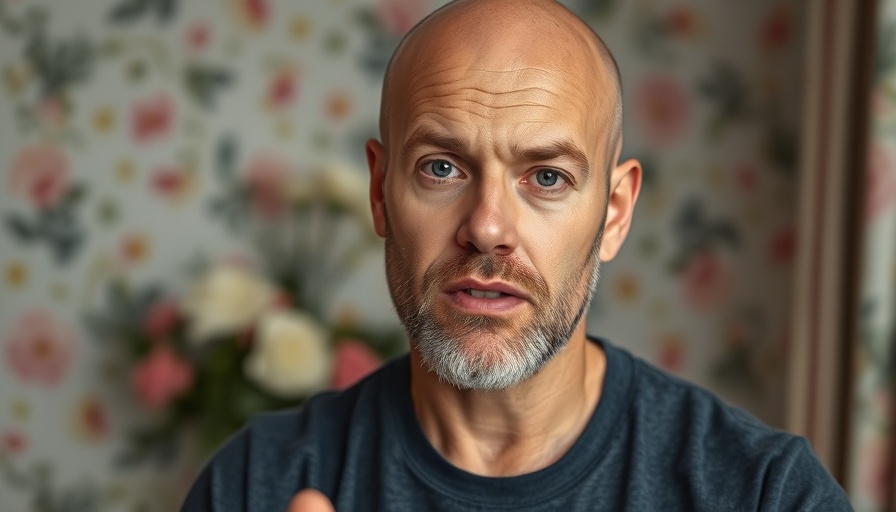 Man giving skin care hydration tips indoors with floral backdrop.