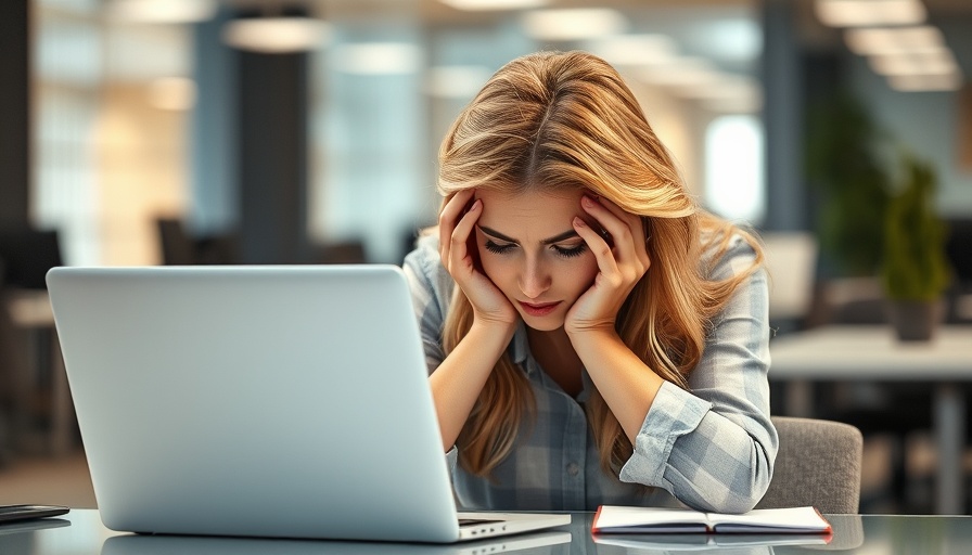 AI generated workslop: Frustrated woman at desk with laptop in office.