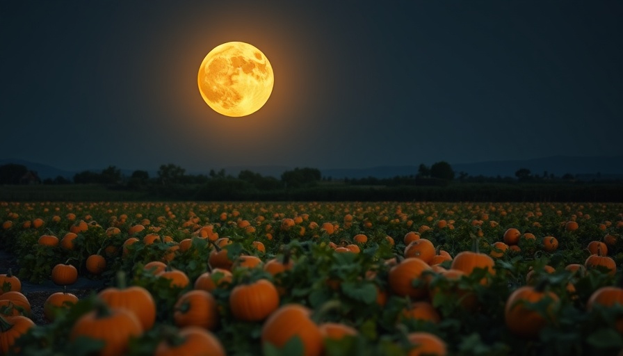 Full moon over pumpkin patch, peaceful night, mental health awareness.