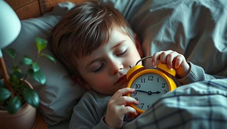Boy practicing sleep hygiene with alarm clock on bed.