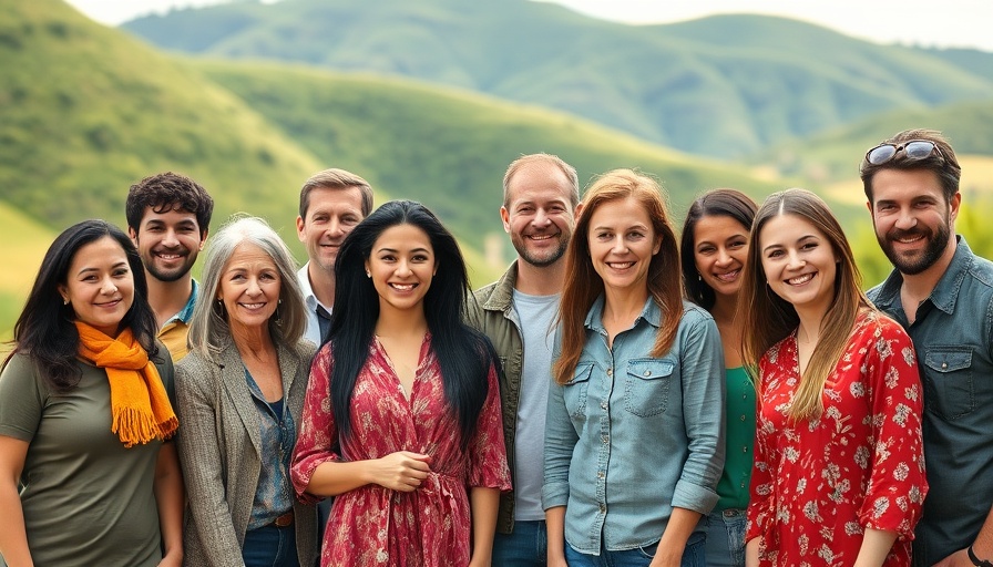 Group standing outdoors smiling with lush hills in background.