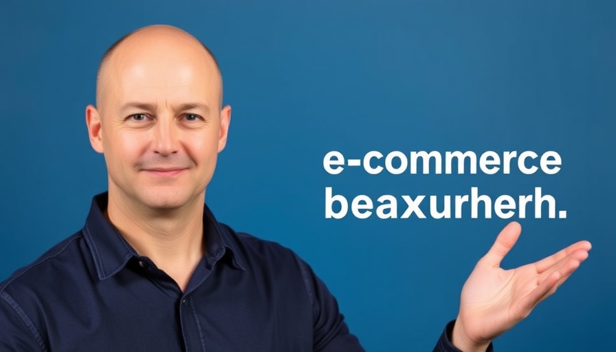 Bald man discusses groundbreaking e-commerce SEO on blue background.