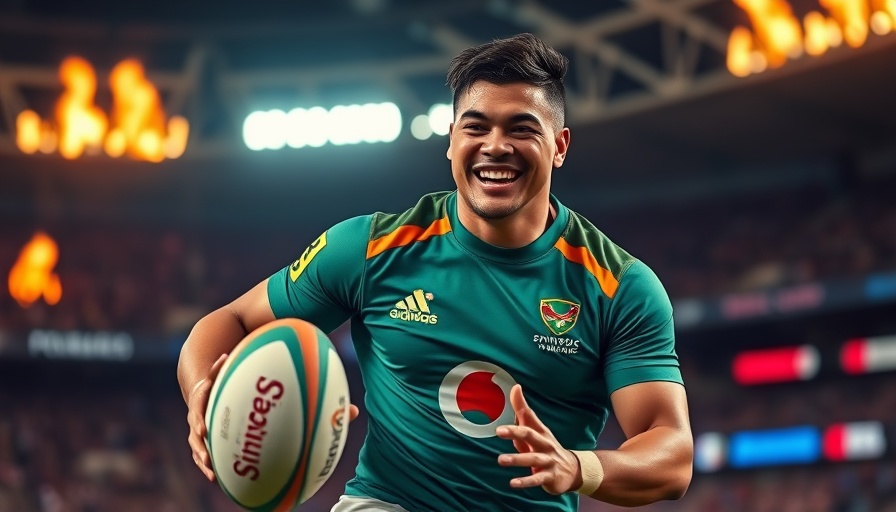 Sacha Feinberg-Mngomezulu Springboks rugby player with ball and stadium flames.