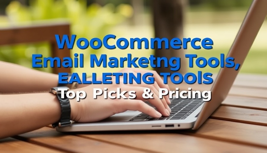 WooCommerce email marketing tools text overlay on a laptop outdoors.
