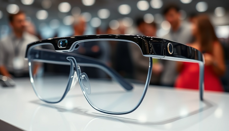 Sleek AI glasses in showroom display, futuristic design.