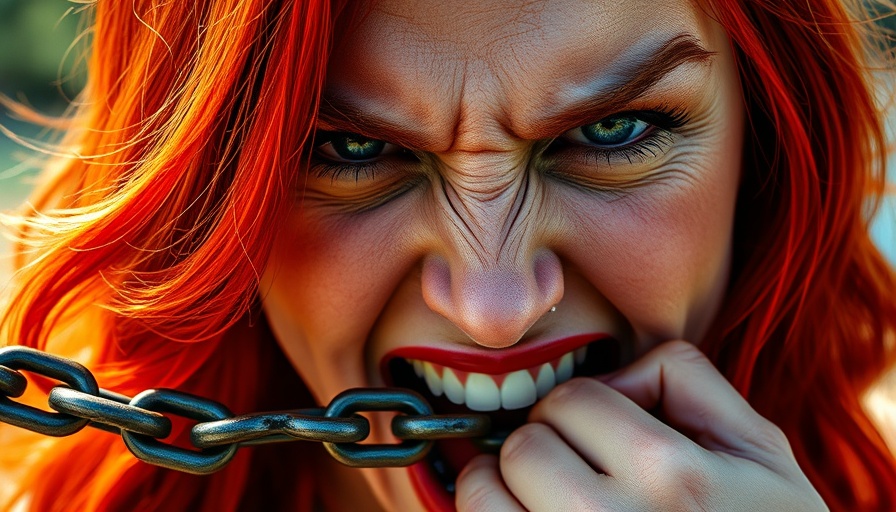 Vibrant red-haired woman expressing intensity, mental health at 40.