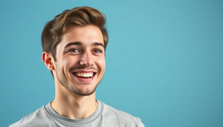 Smiling young man discussing OCD treatment, blue background.