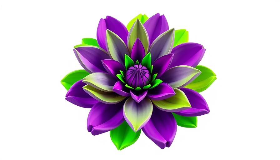 Stylized blocky flower in purple and green hues.