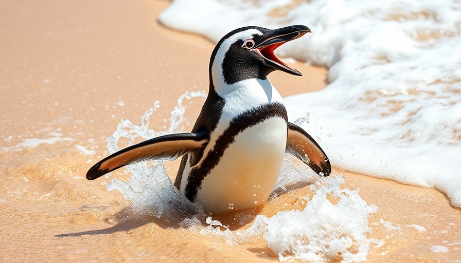 African penguin emerging joyfully from the water amid extinction concerns.