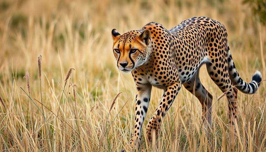 Cheetah in South Africa wildlife sanctuary walking through grass.