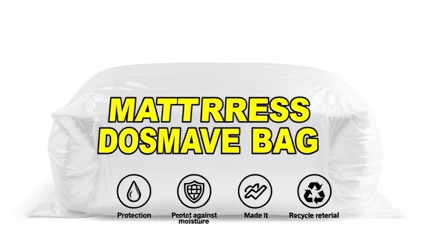 Clear packaging of queen mattress disposal bag with blue and green text