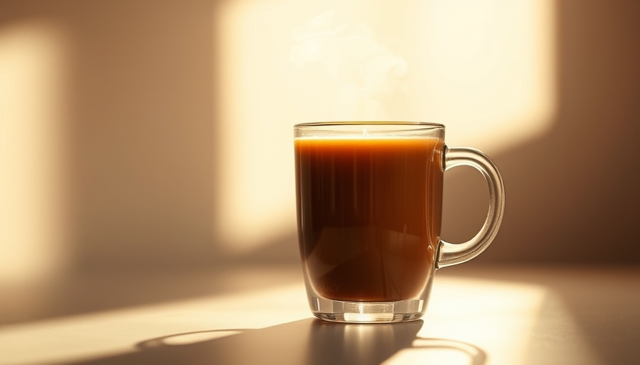 Steaming glass mug of coffee on a smooth surface with warm light.