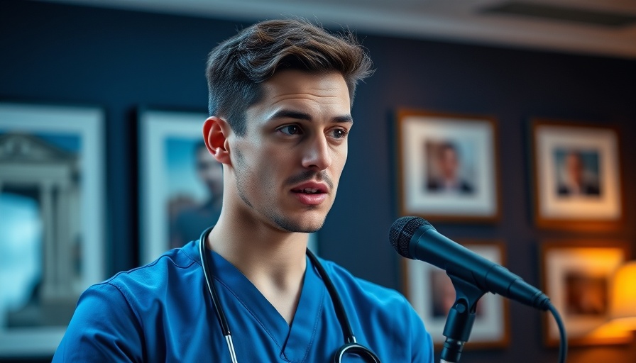 Man in blue scrubs discussing a topic indoors, related to birth control pills.